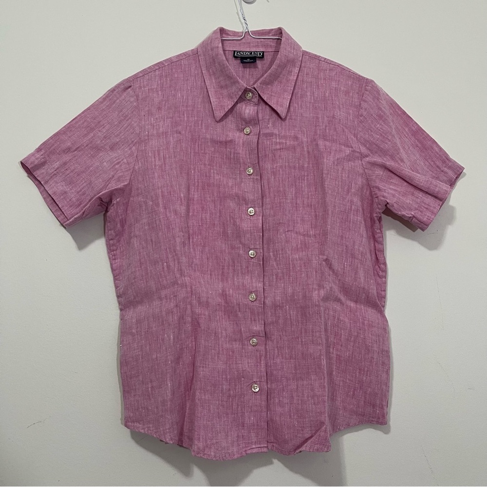 Lands’ End Women’s 100% Linen Pink Short Sleeves Button Up Shirt Casual Size 10